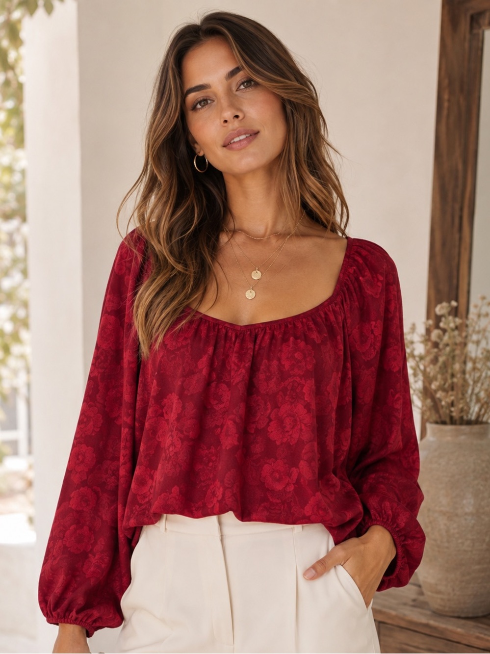 LOVESTITCH Red Jacquard Floral Blouse | Size Large